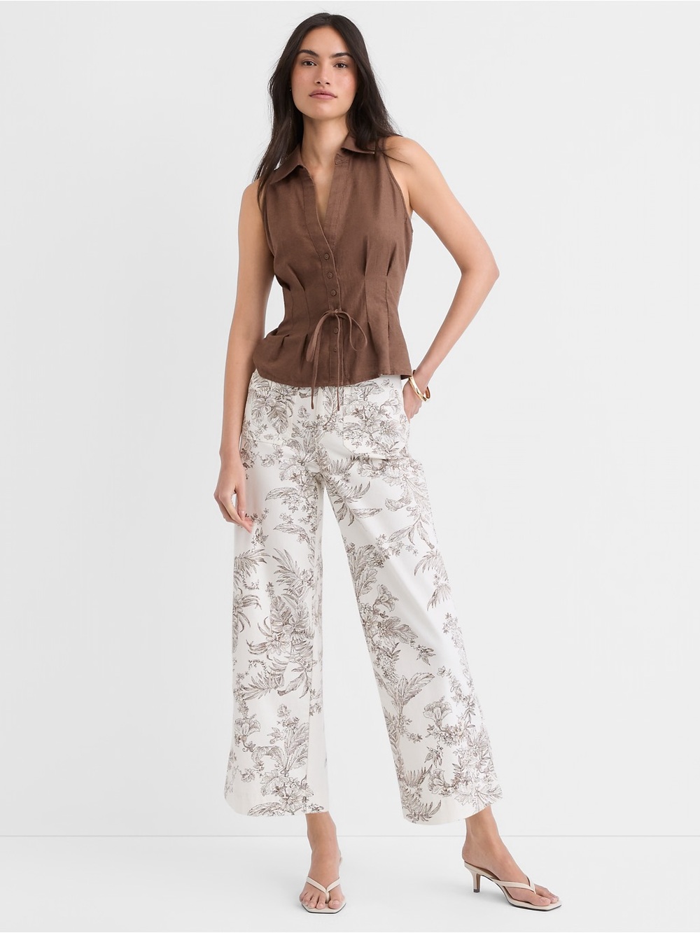 Loft Printed Casual Pants in Cream with Brown Floral Pattern